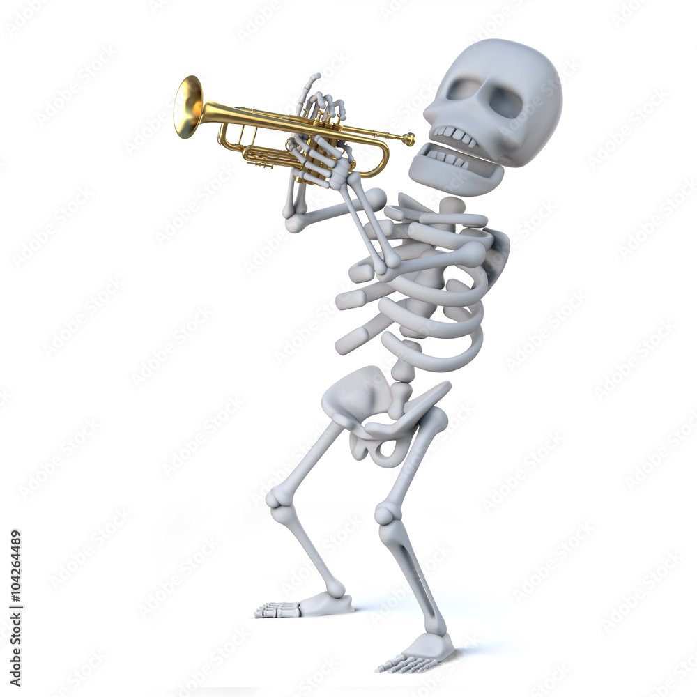 Naklejka premium 3d Skeleton playing a trumpet