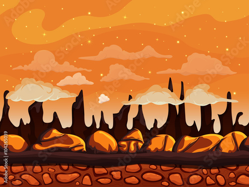 Seamless cartoon mountain nature landscape, unending background with soil, stones on a background of mountains and cliffs with night sky cloud layers. Vector