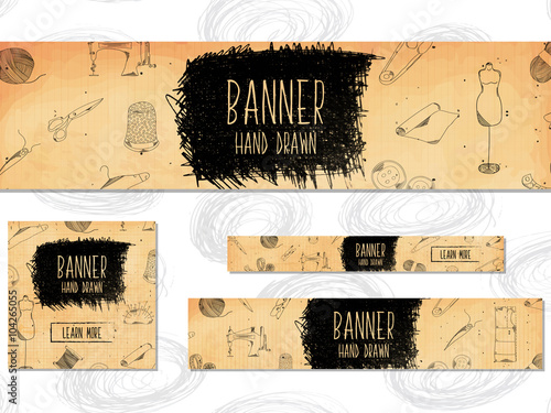 Web Banners for websites 4 different sizes in retro style hand drawn. Sewing devices and appliances for the manufacture and tailoring of apparel and textiles . Vector
