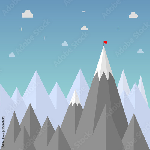 Target to success. Flag on top of mountain. Flat design for business financial marketing banking advertising web commercial concept cartoon illustration.