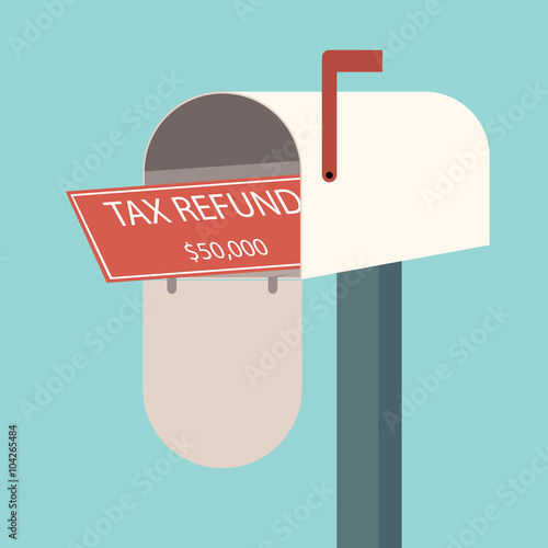 Tax refund cheque in mailbox. TAX refund check. TAX spending. Flat design business financial marketing commercial banking web minimal concept cartoon illustration.