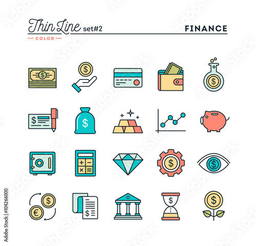 Finance, money, banking, business and more, thin line color icons set, vector illustration