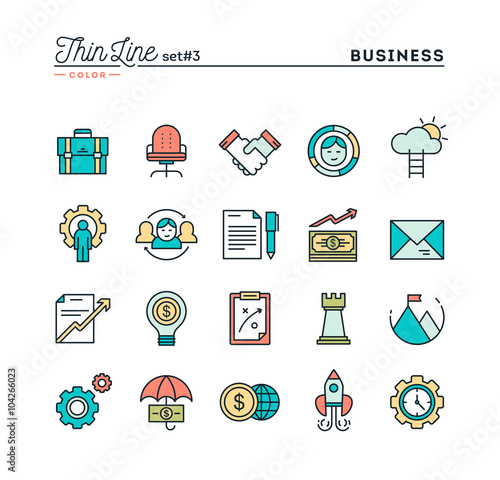 Business, entrepreneurship, teamwork, goals and more, thin line color icons set, vector illustration