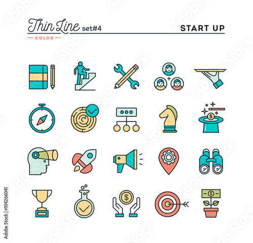 Start up business, strategy, marketing, finance and more, thin line color icons set, vector illustration
