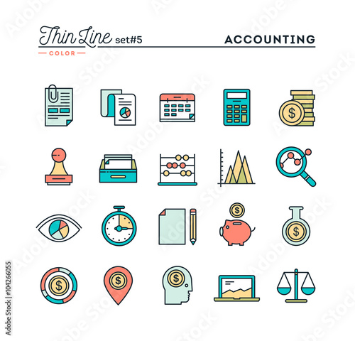 Accounting, business statistics, time, money management and more, thin line color icons set, vector illustration