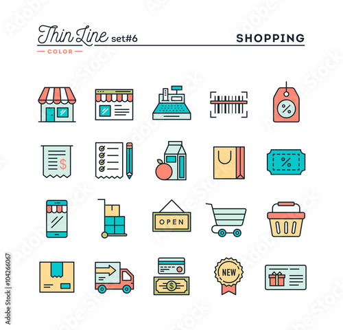 Shopping, retail, delivery, gift card, discount and more, thin line color icons set, vector illustration