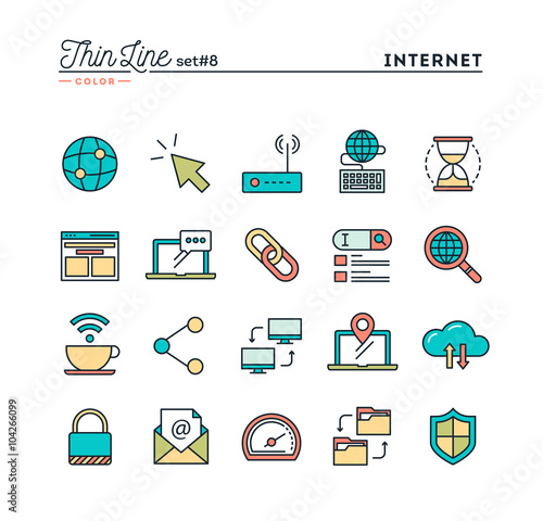 Internet, global network, cloud computing, free WiFi and more, thin line color icons set, vector illustration