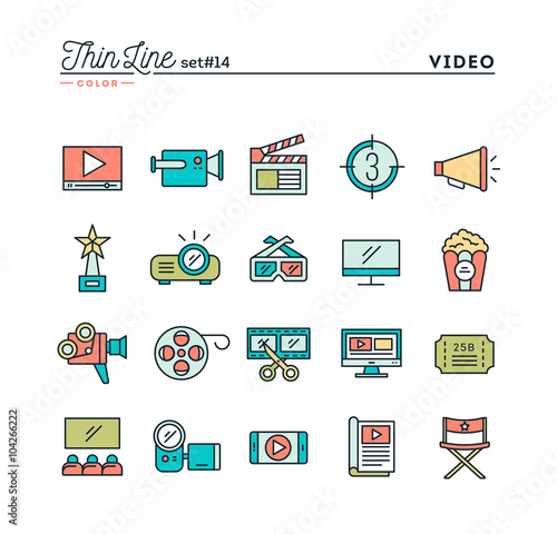 Film, video, shooting, editing and more, thin line color icons set, vector illustration
