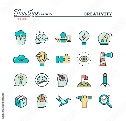 Creativity, imagination, problem solving, mind power and more, thin line color icons set, vector illustration