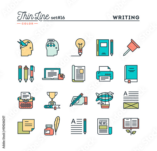 Writing, blogging, best seller book, storytelling and more, thin line color icons set, vector illustration