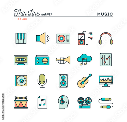 Music, sound, recording, editing and more, thin line color icons set, vector illustration
