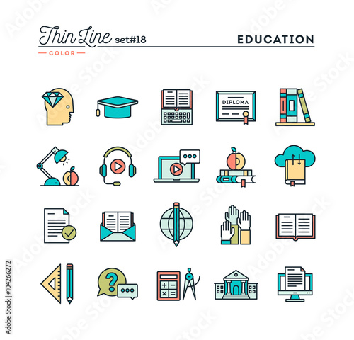 Education, online books, distance learning, webinar and more, thin line color icons set, vector illustration