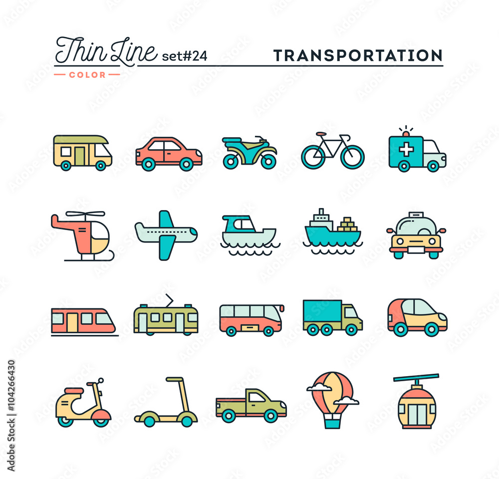 Obraz premium Transportation and vehicles, thin line color icons set