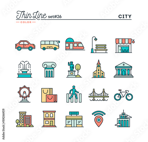 City, transportation, culture, shopping and more, thin line color icons set, vector illustration