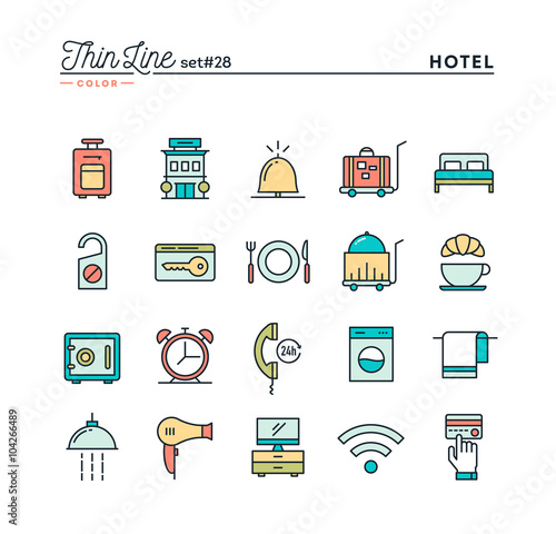 Hotel, accommodation , room service, restaurant and more, thin line color icons set, vector illustration photo