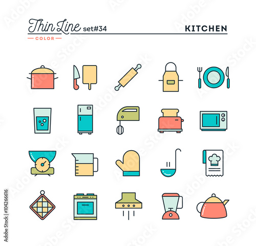 Kitchen utensils, food preparation and more, thin line color icons set, vector illustration