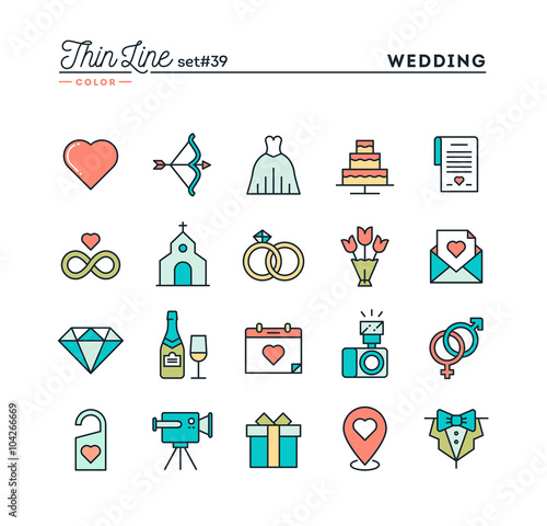 Wedding, bridal dress, event invitation, celebration party and more, thin line color icons set, vector illustration