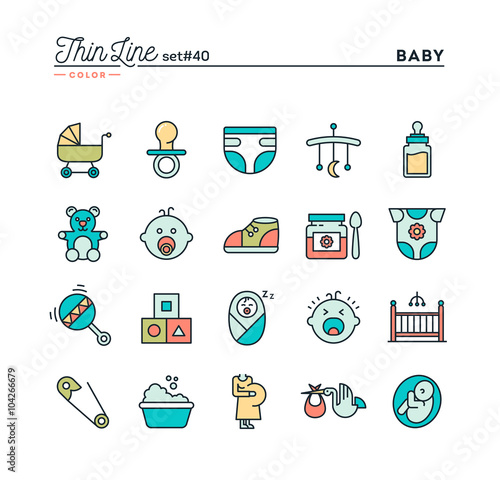 Baby, pregnancy, birth, toys and more, thin line color icons set