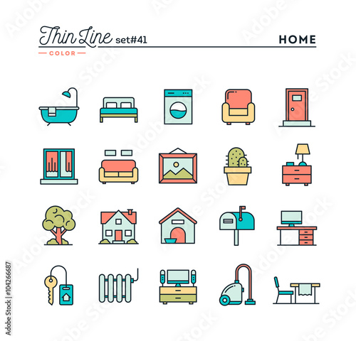 Home, interior, furniture and more, thin line color icons set