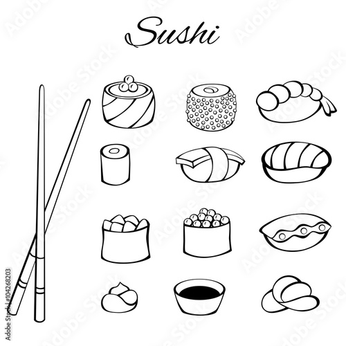 Sushi food set black white isolated illustration vector