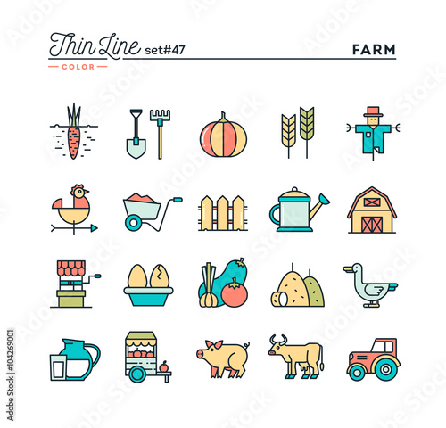 Farm, animals, land, food production and more, thin line color icons set, vector illustration