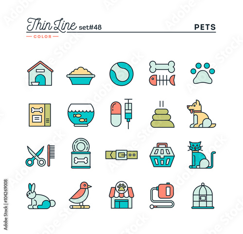 Pets, thin line color icons set