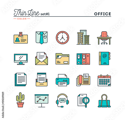 Office things, thin line color icons set