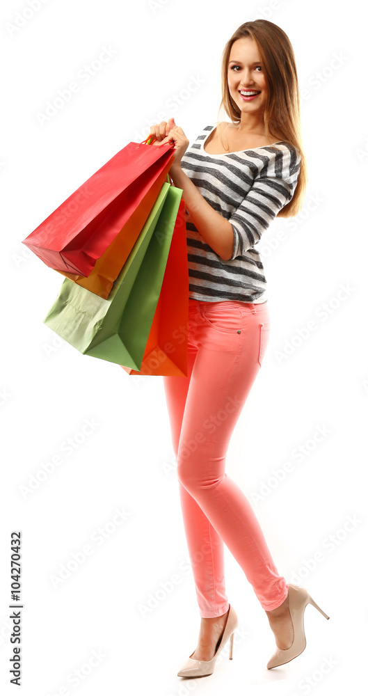Young pretty woman with shopping packages isolated on white Young pretty woman with shopping packages isolated on white