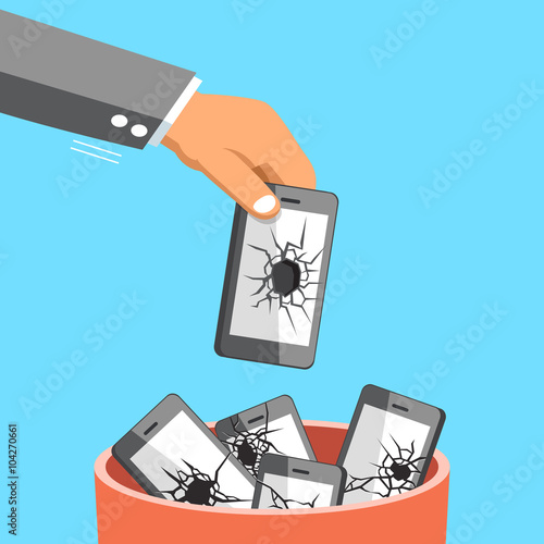 Business big hand throwing broken smartphone to trash bin