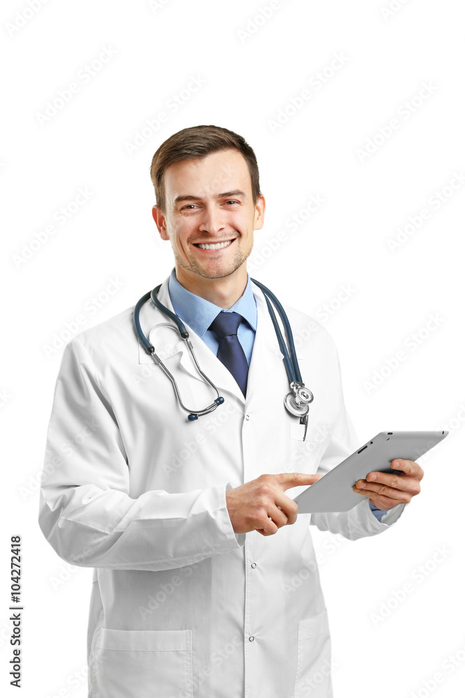 Doctor with tablet isolated on white Doctor with tablet isolated on white