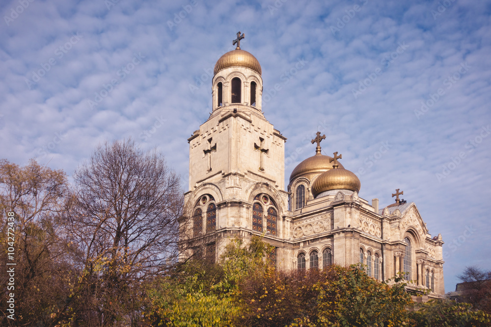Orthodox Cathedral of the Assumption of the Virgin in Varna, Bulgaria. Copy space background.