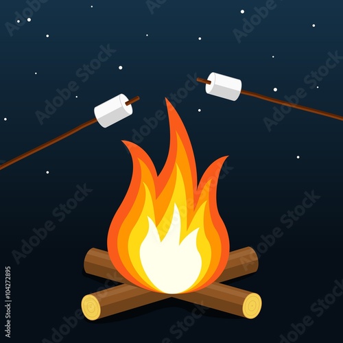 Bonfire with marshmallow. Camping grill marshmallow. Marshmallow outdoor campfire night. Vector Illustration