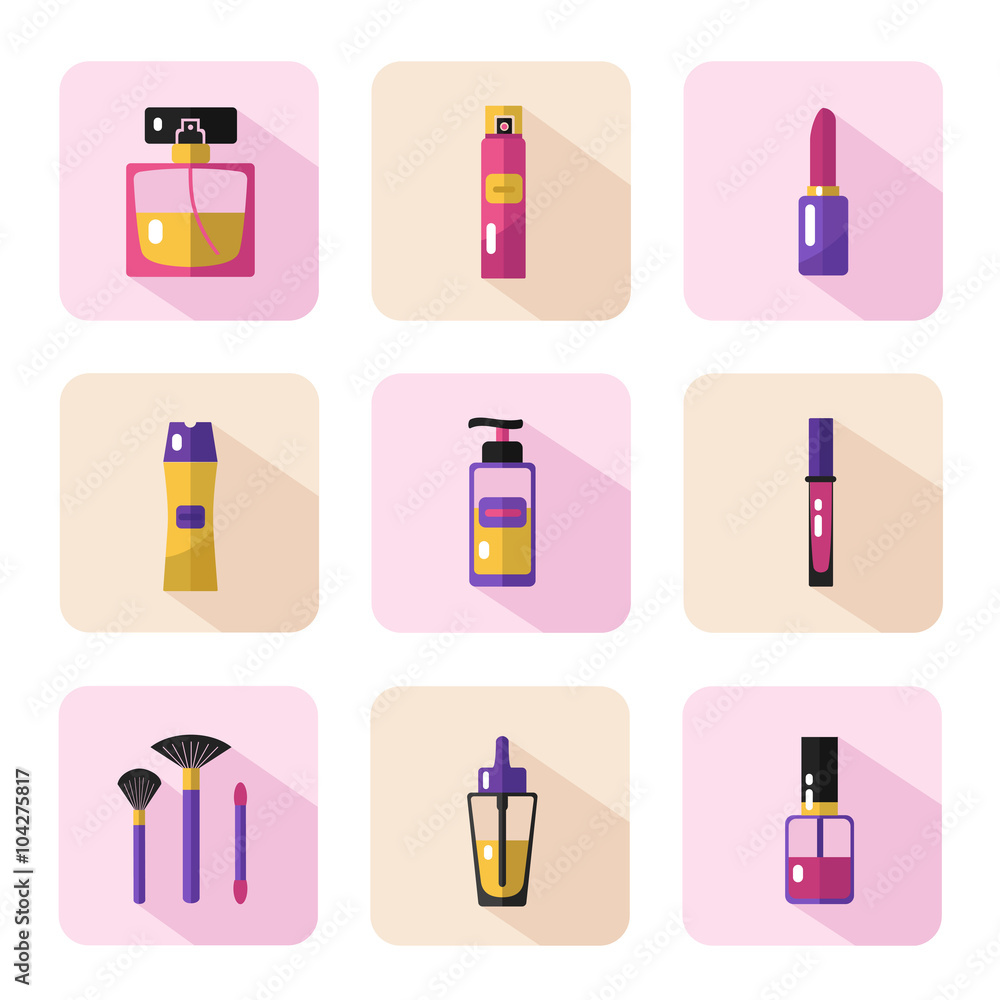 Vector flat style icons set of beauty, makeup and cosmetics products. Perfume bottle, shampoo, lipstick, lip gloss, nail polish, brushes, hair spray or deodorant spray, oil. Vector flat style icons set of beauty, makeup and cosmetics products. Perfume bottle, shampoo, lipstick, lip gloss, nail polish, brushes, hair spray or deodorant spray, oil.