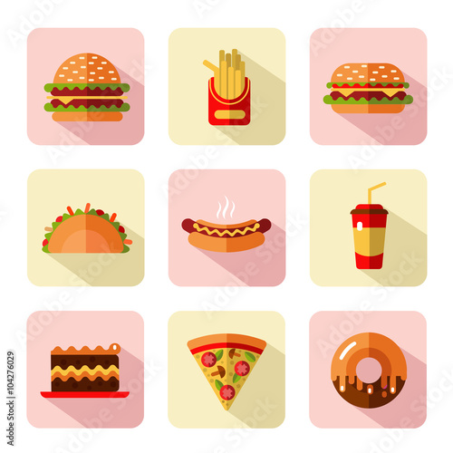 Big vector flat style icons set of fast food, junk food with long shadow. Tacos, popcorn, cheeseburger, hamburger, soda, hotdog, donut, french fries, slice of pizza, cake.
