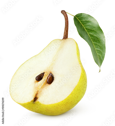 Half of yellow pear fruit with leaf isolated on white background