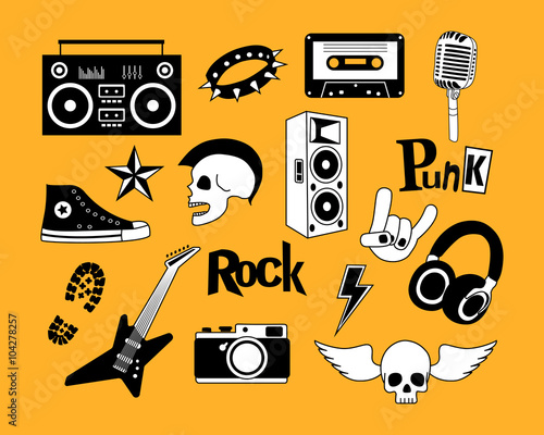 Punk rock music vector isolated on yellow background set. Design elements, emblems, badges, logo and icons. 