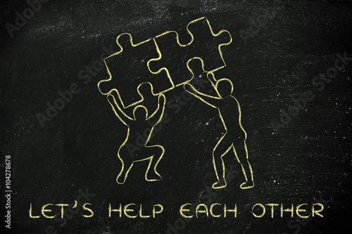 people lifting matching pieces of puzzle, let's help each other