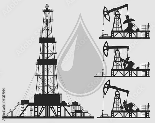 Set of oil pumps and rig silhouettes