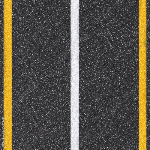 3d rendered asphalt road top view with white and yellow lines