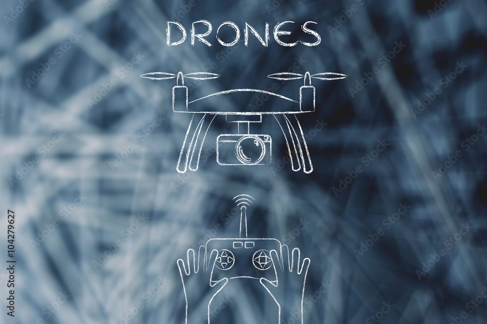 controller piloting a drone with camera, with text Drones - obrazy, fototapety, plakaty 