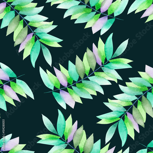 Fototapeta Naklejka Na Ścianę i Meble -  A seamless floral pattern with the green and violet leaves on the branches, hand-drawn in a watercolor on a dark green background