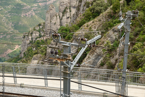 Railway contact line in Montserrat Abbey near Barcelona, Catalon
