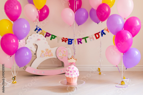 birthday cake, colorful balloons, horse