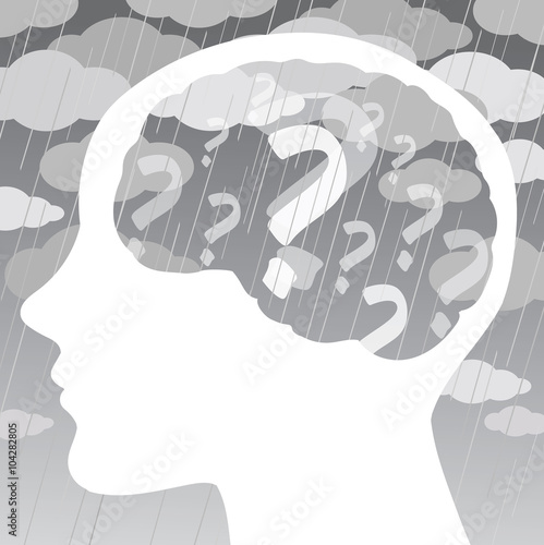 Profile of a human head with interrogation marks, grey clouds and a storm in the dark sky. Concept vector about sadness and depression disease.
