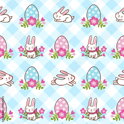 Happy Easter pattern with chicks and eggs. Vector seamless illustration with chicken and eggs on Easter theme.