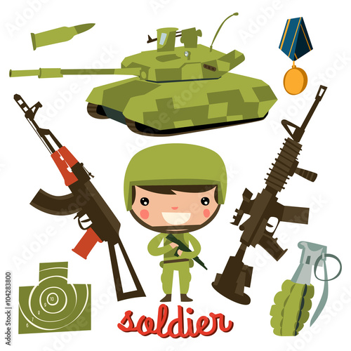 soldier cute boy flat character. kid professions set.
