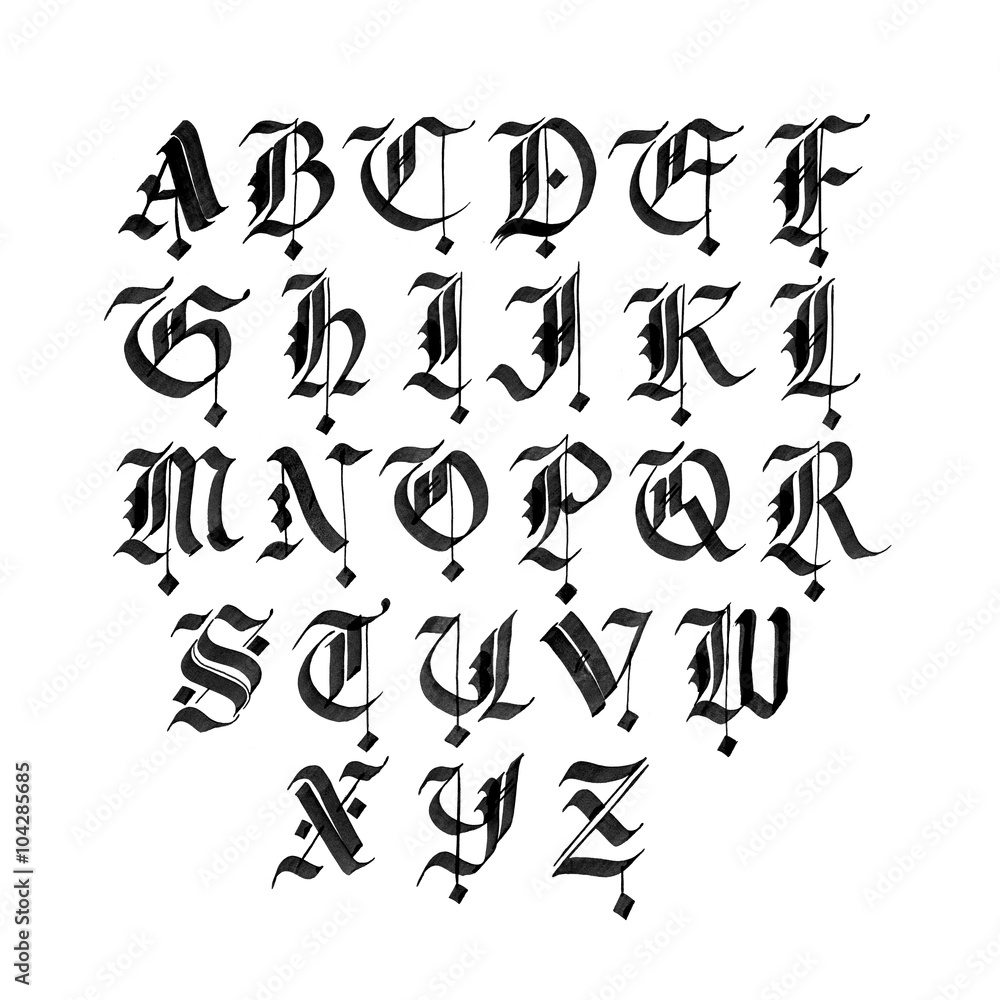 Hand drawn gothic ink pen font. Capital black letters on white background.