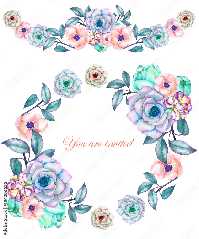 A circle frame, wreath and frame border (garland) for a text with the watercolor flowers and succulents, hand-drawn on a white background, a greeting card, a decoration postcard or wedding invitation