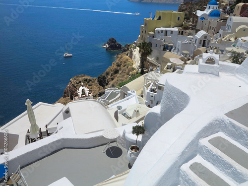 Romantic beautiful cityscape and blue sky of Oia on Santorini in