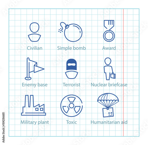 Vector thin line icons set for military infographics, mobile game UX,UI on paper background